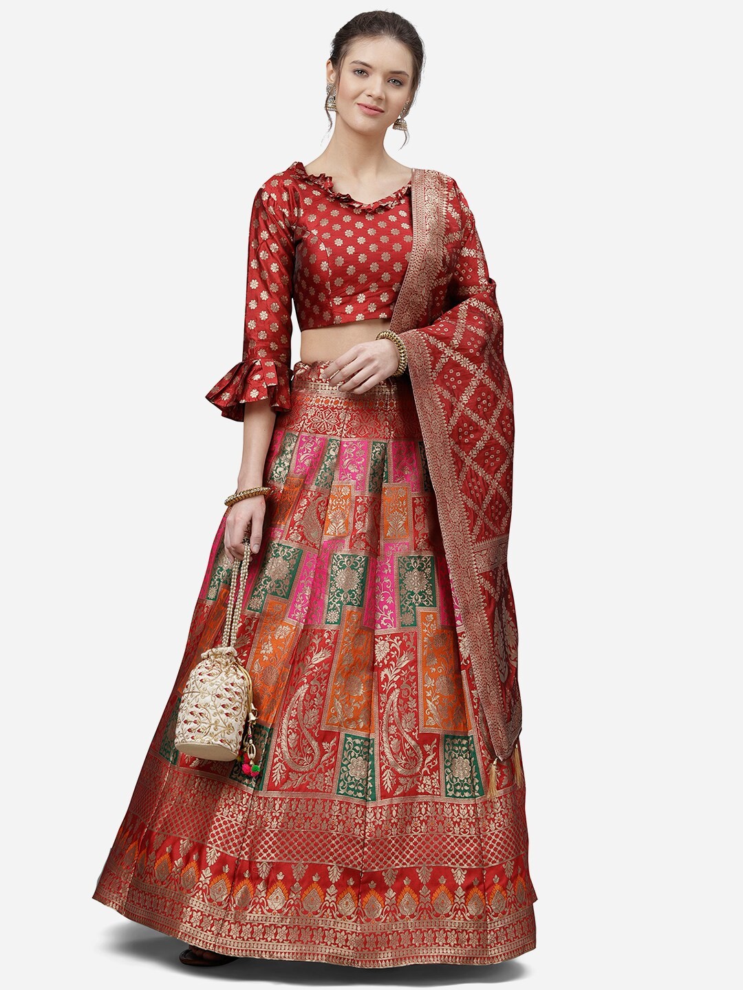 

PURVAJA Red & Gold-Toned Ikat Semi-Stitched Lehenga & Unstitched Blouse With Dupatta