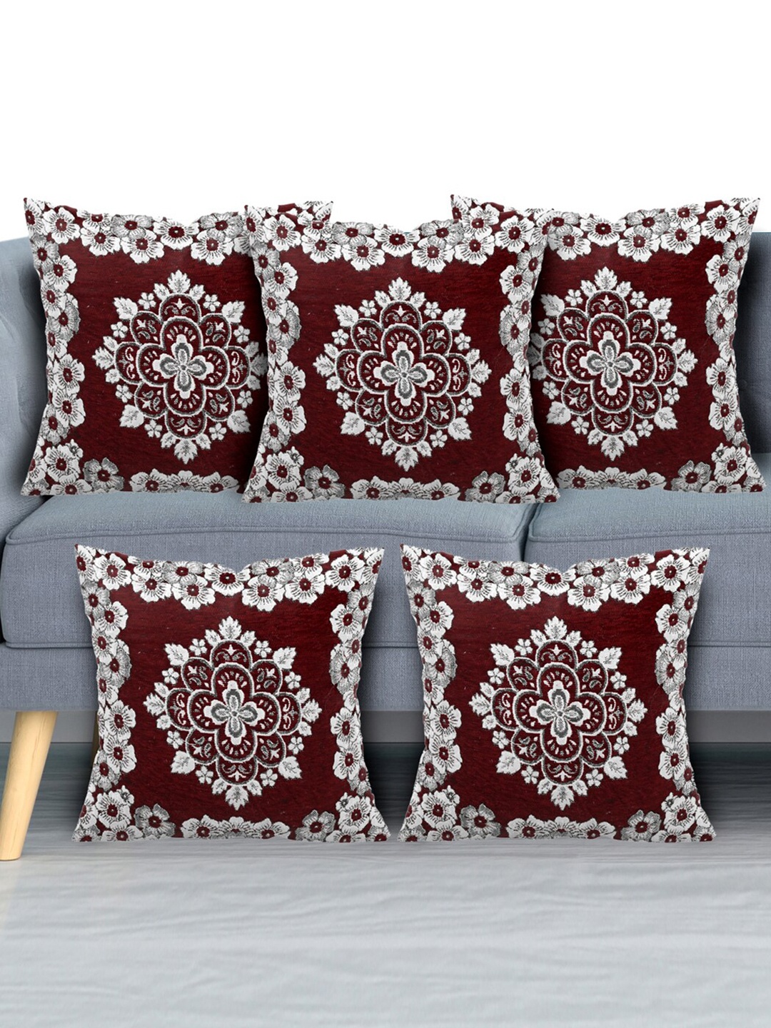 Kuber Industries Maroon & White Set of 5 Floral Velvet Square Cushion Covers
