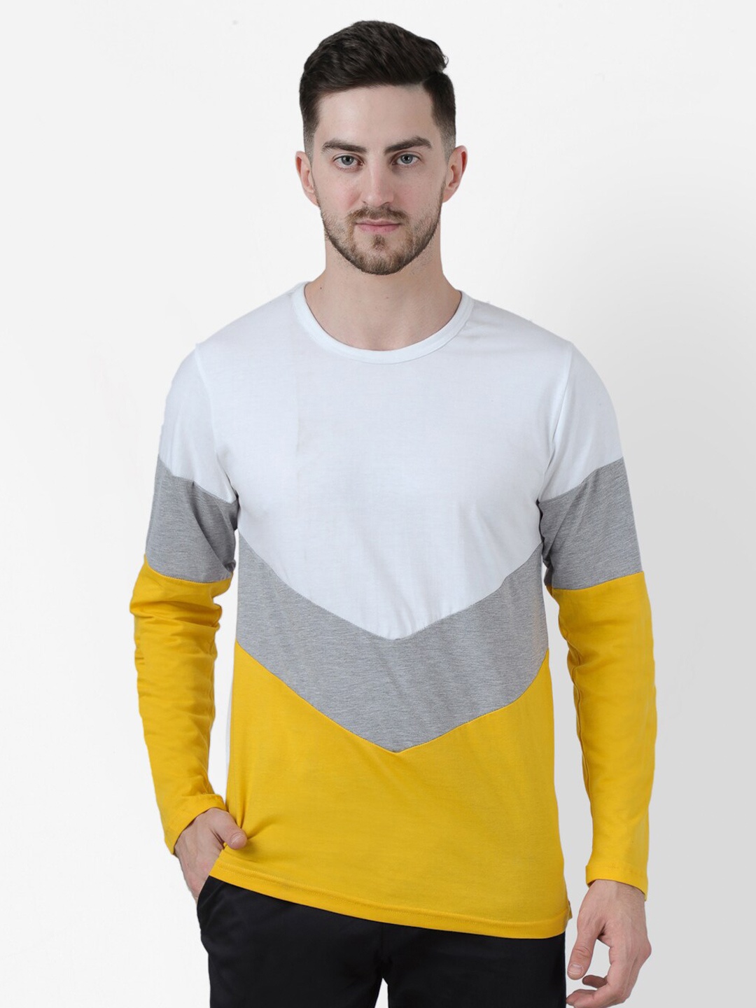 

PAUSE SPORT Men White & Yellow Colourblocked Slim Fit T-shirt