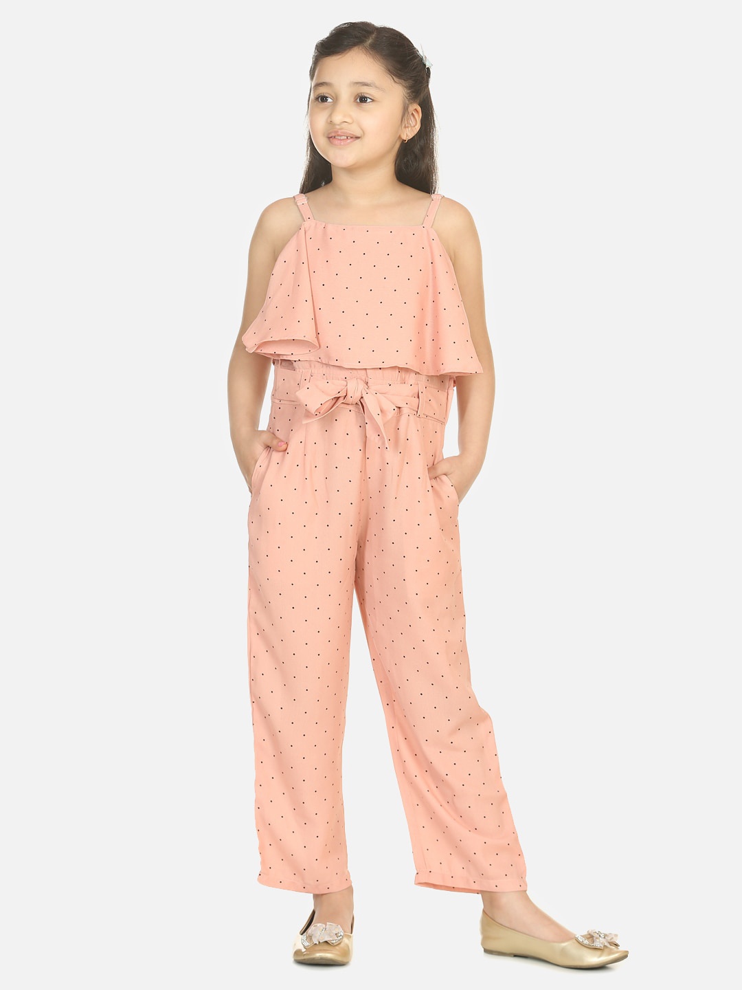 

LilPicks Girls Peach & Brown Polka Dot Printed Cape Basic Jumpsuit