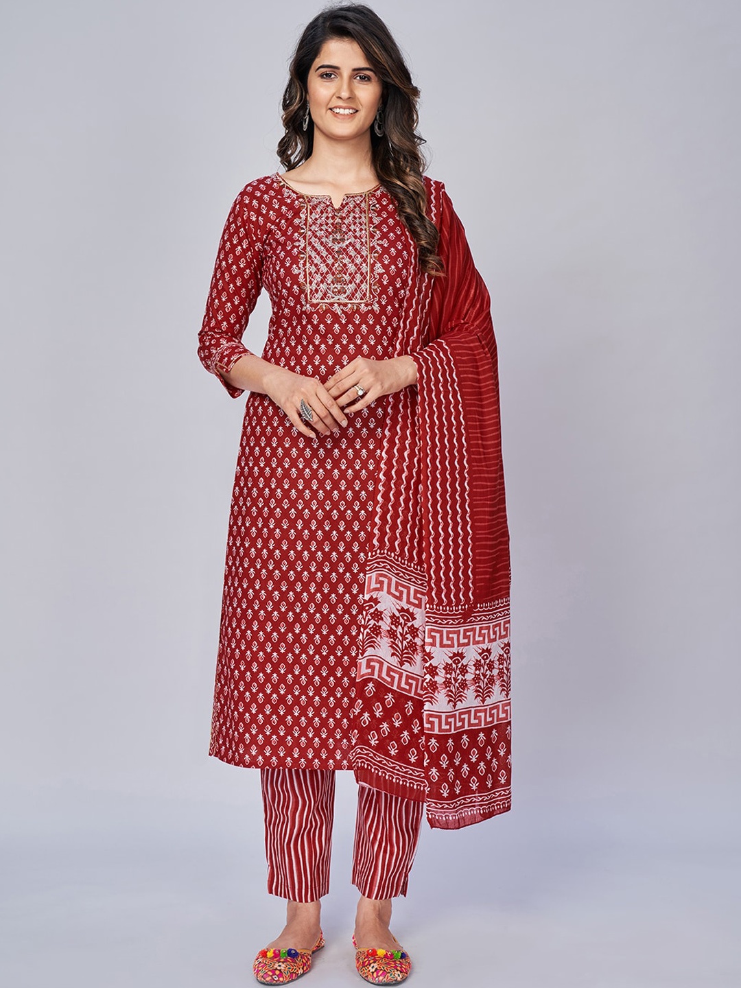 

Vbuyz Women Red Printed Panelled Kurti with Trousers & With Dupatta