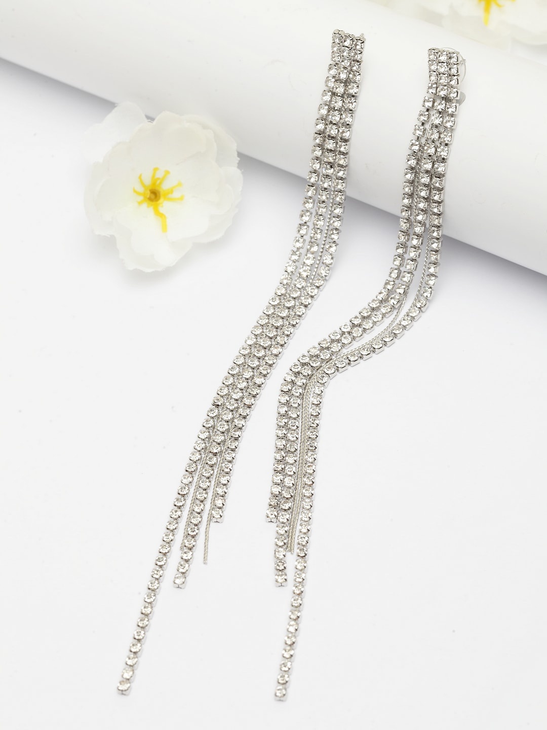 

AVANT-GARDE PARIS Silver Toned Contemporary Crystals Dangling Drop Earrings