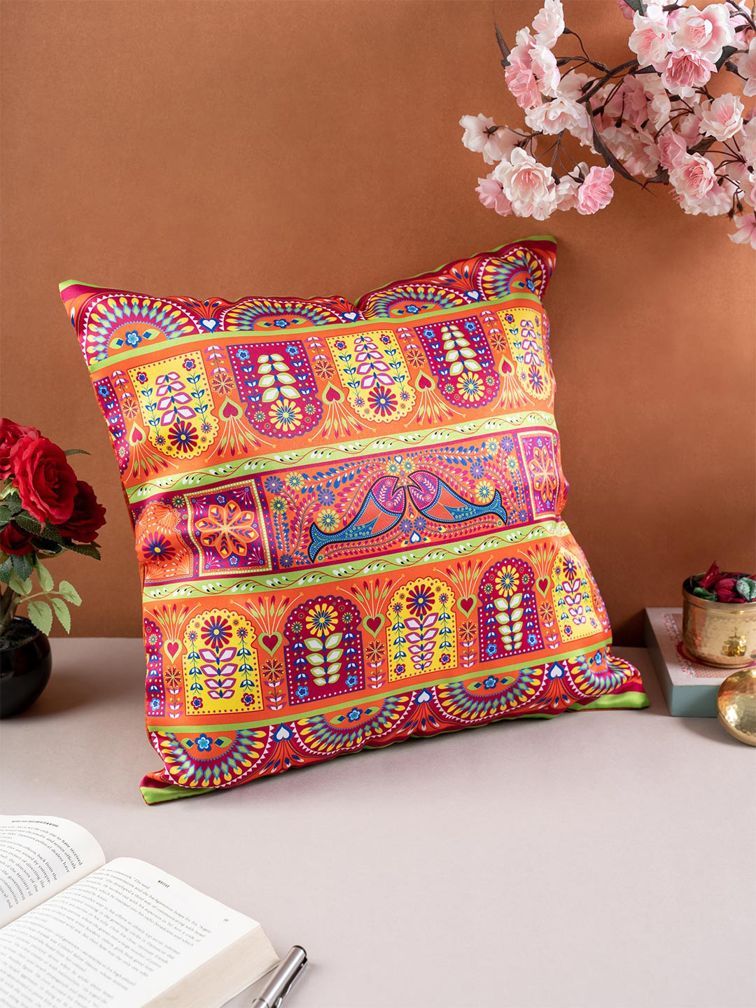 

KOLOROBIA Orange & Pink Ethnic Motifs Satin Square Cushion Covers