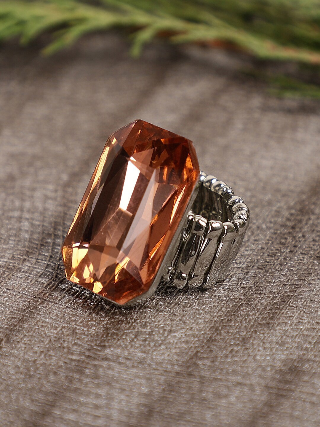 

Crunchy Fashion Silver-Plated Brown Crystal-Studded Oxidized Finger Ring