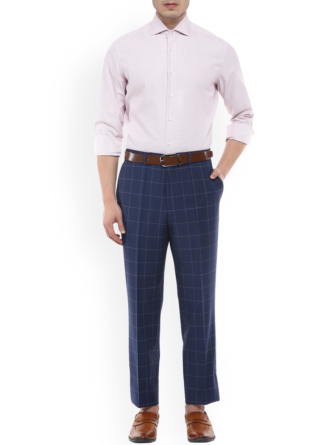 

HUGO Men Navy Blue Windowpane Checked Regular Trousers