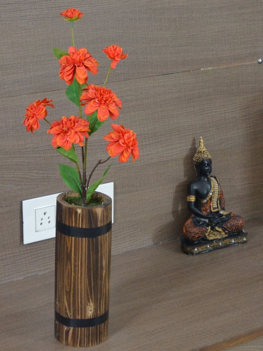 

fancy mart Red & Brown Artificial Camellia Japonica Stick In Wood Long Pot