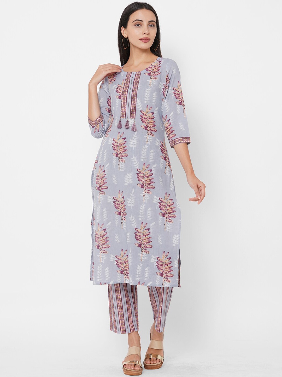 

FASHOR Women Blue Ethnic Motifs Striped Pleated Pure Cotton Kurta with Churidar & With Dupatta