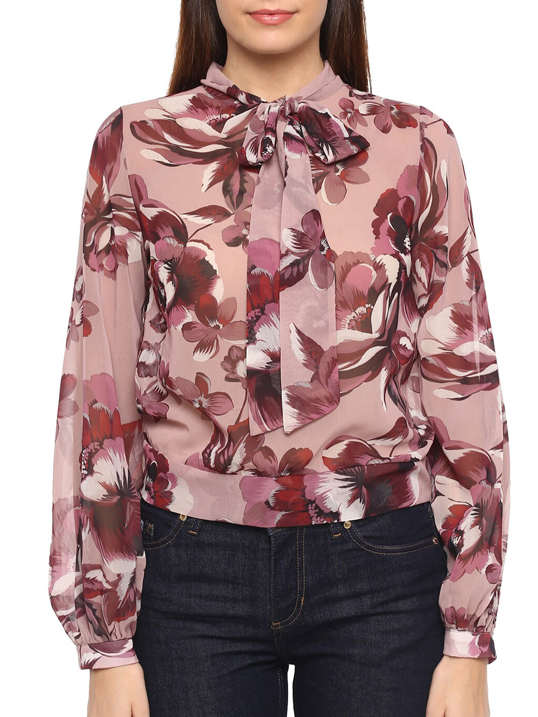 

Rinascimento Pink & Purple Floral Tie-Up Neck Regular Top