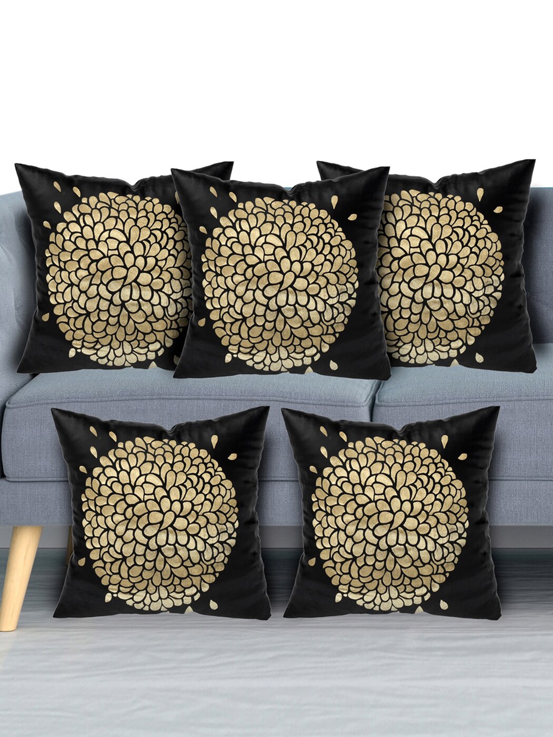 

Kuber Industries Set Of 5 Black & Gold-Toned Floral Velvet Square Cushion Covers
