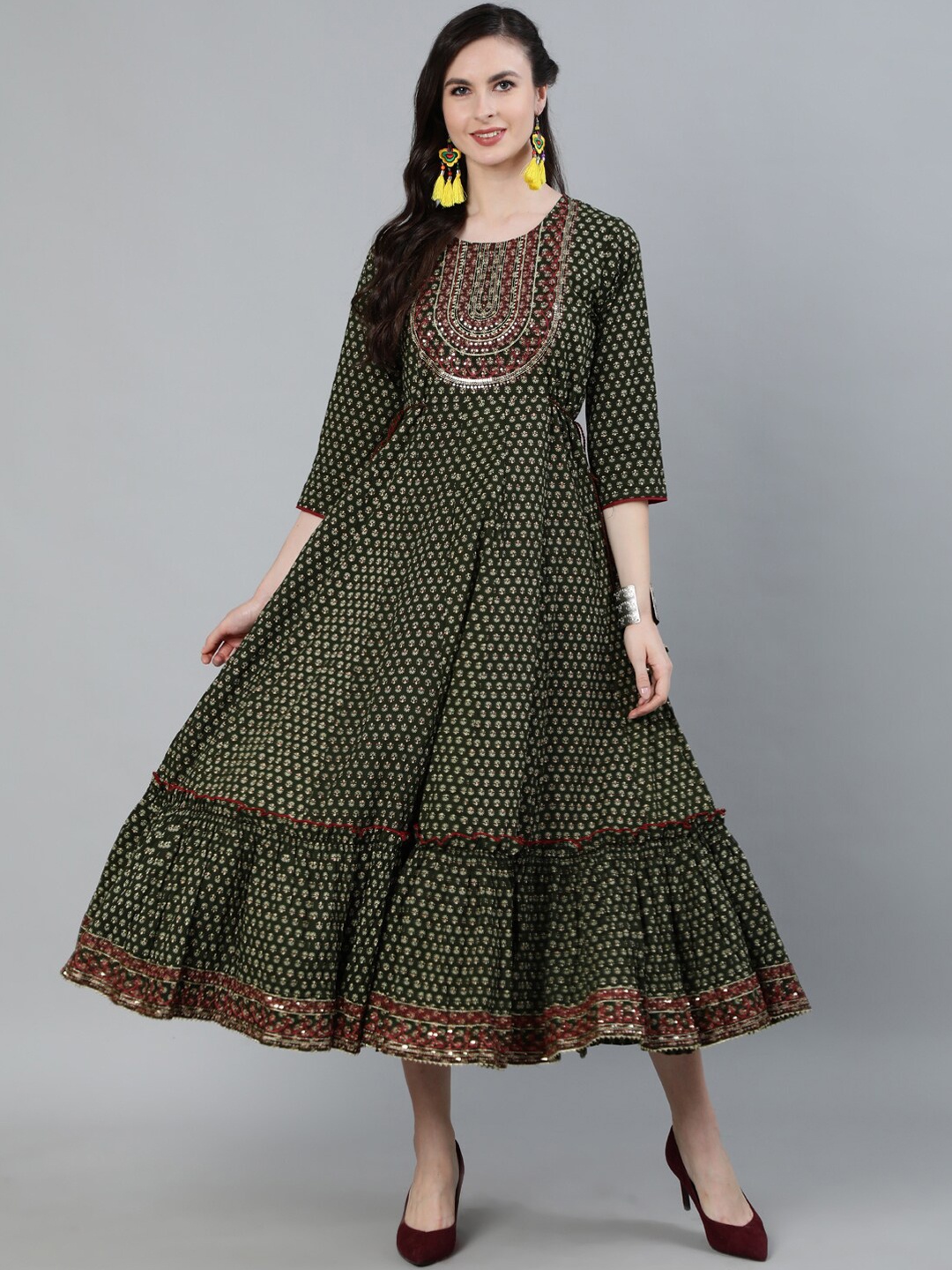 Ishin Green Floral Maxi Midi Dress