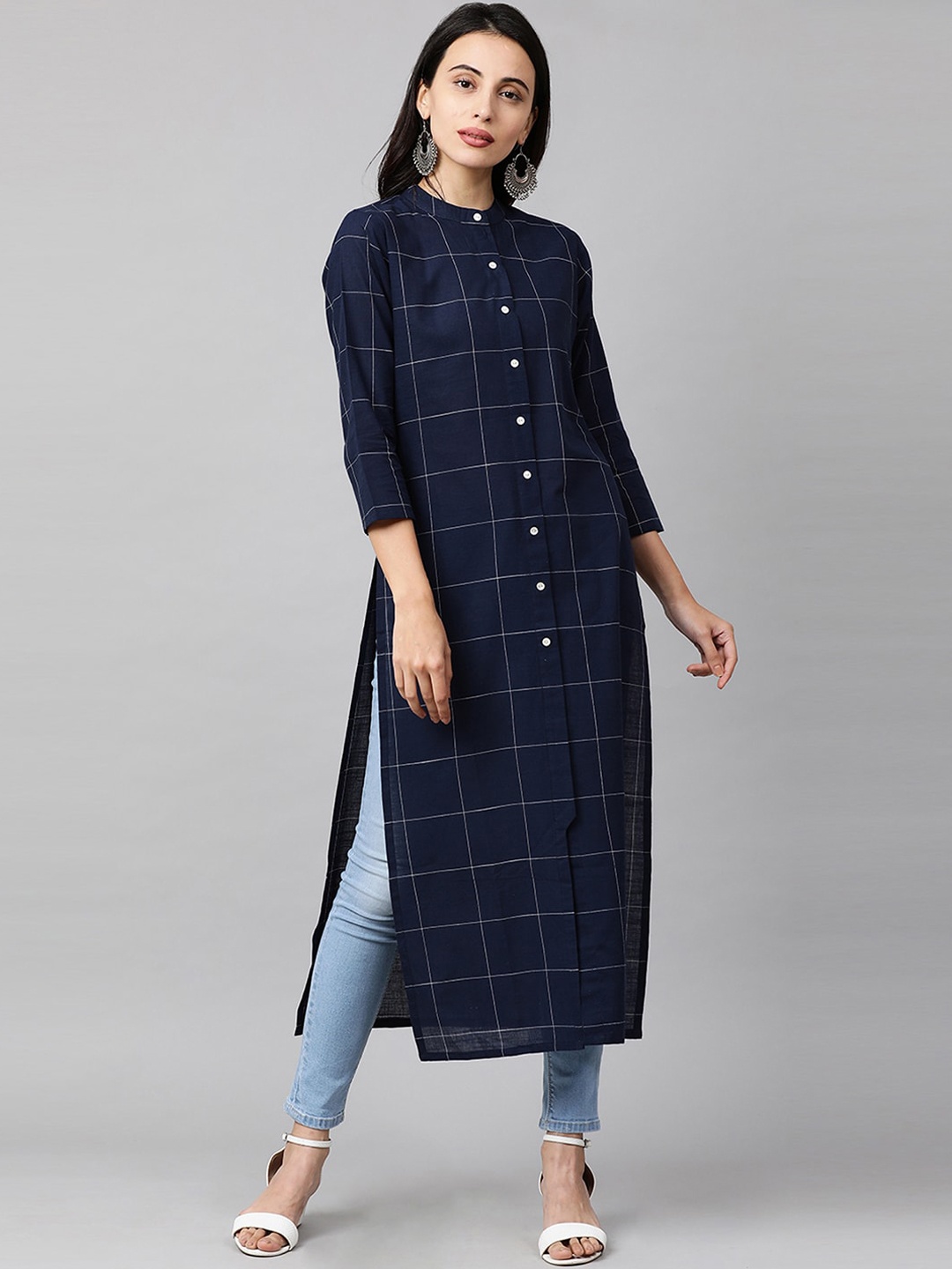 

Indo Era Women Navy Blue Checked Mandarin Collar Cotton A-line Kurta