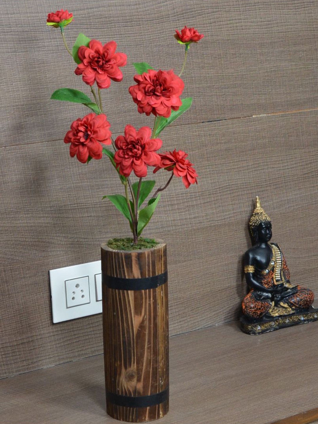 

fancy mart Maroon & Green Artificial Camellia Japonica Stick In Wood Long Pot