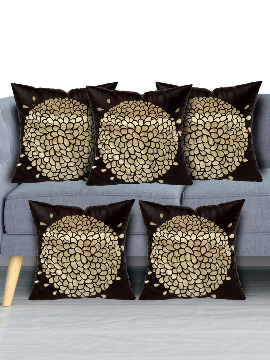 

Kuber Industries Black & Gold-Toned Set of 5 Floral Velvet Square Cushion Covers