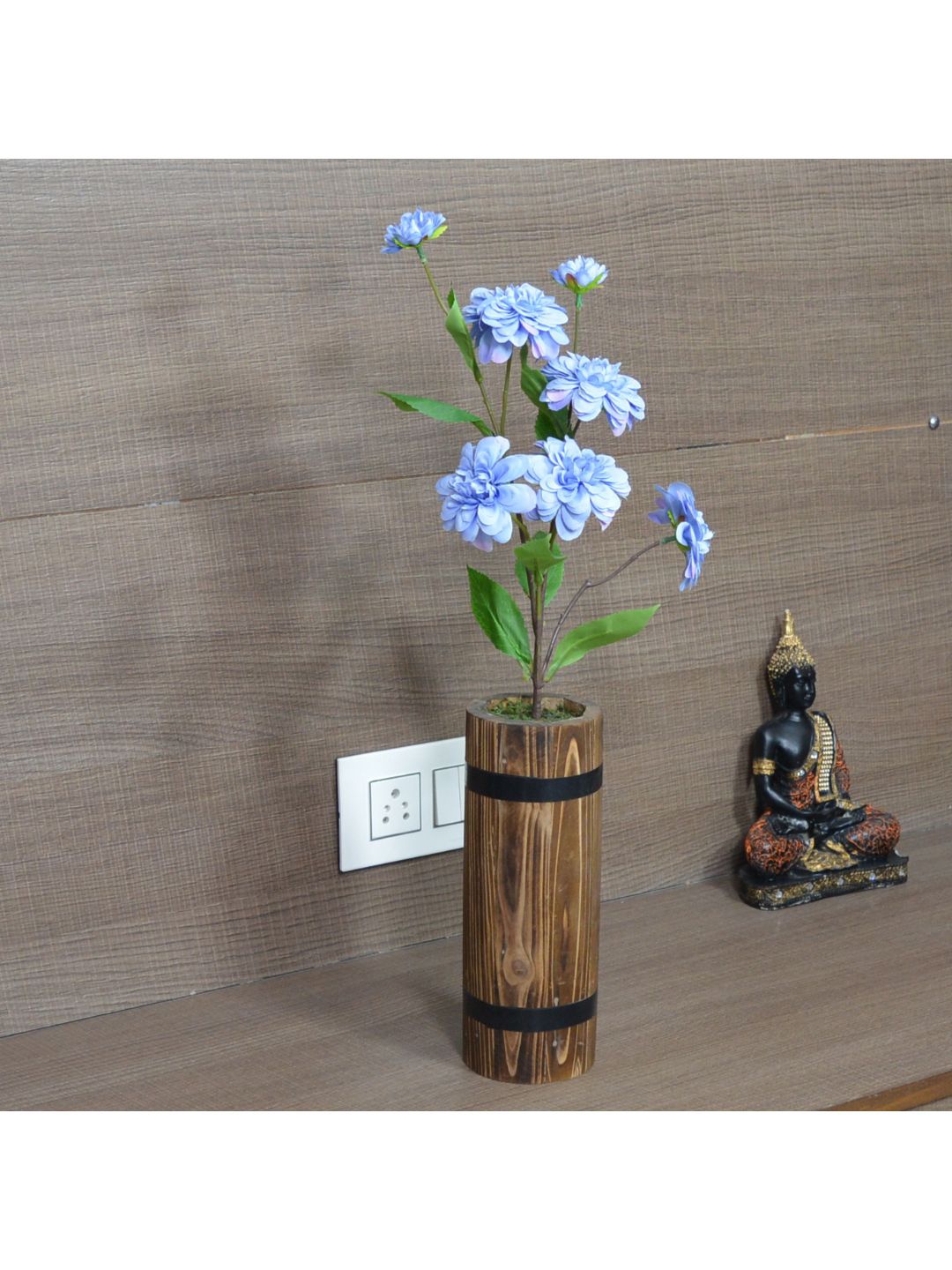 

fancy mart Blue & Brown Artificial Camellia Japonica Stick In Long Wood Pot