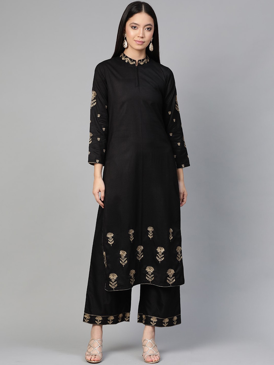 

Indo Era Women Black Solid & Gold Floral Embroidered Kurta with Palazzos
