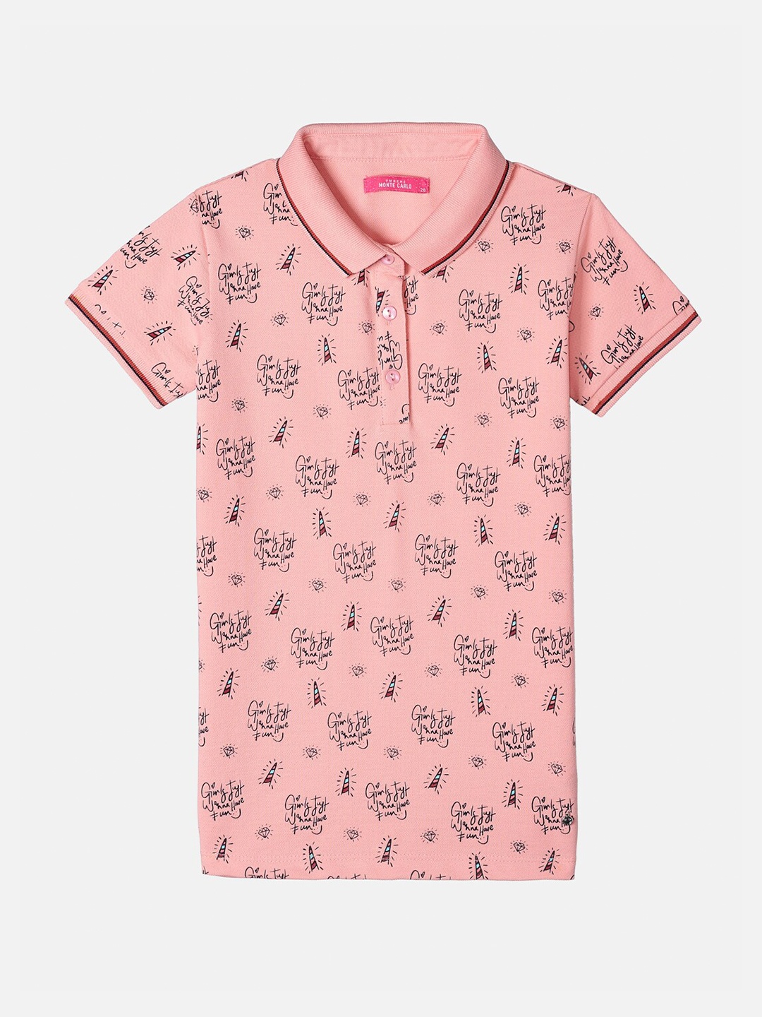 

Monte Carlo Girls Pink & Black Typography Printed Polo Collar T-shirt