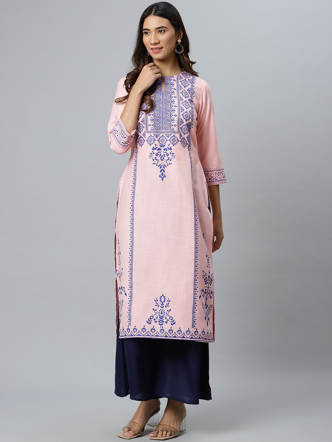 

Gerua By Libas Women Pink Blue Ethnic Motifs Printed Keyhole Neck Kurta