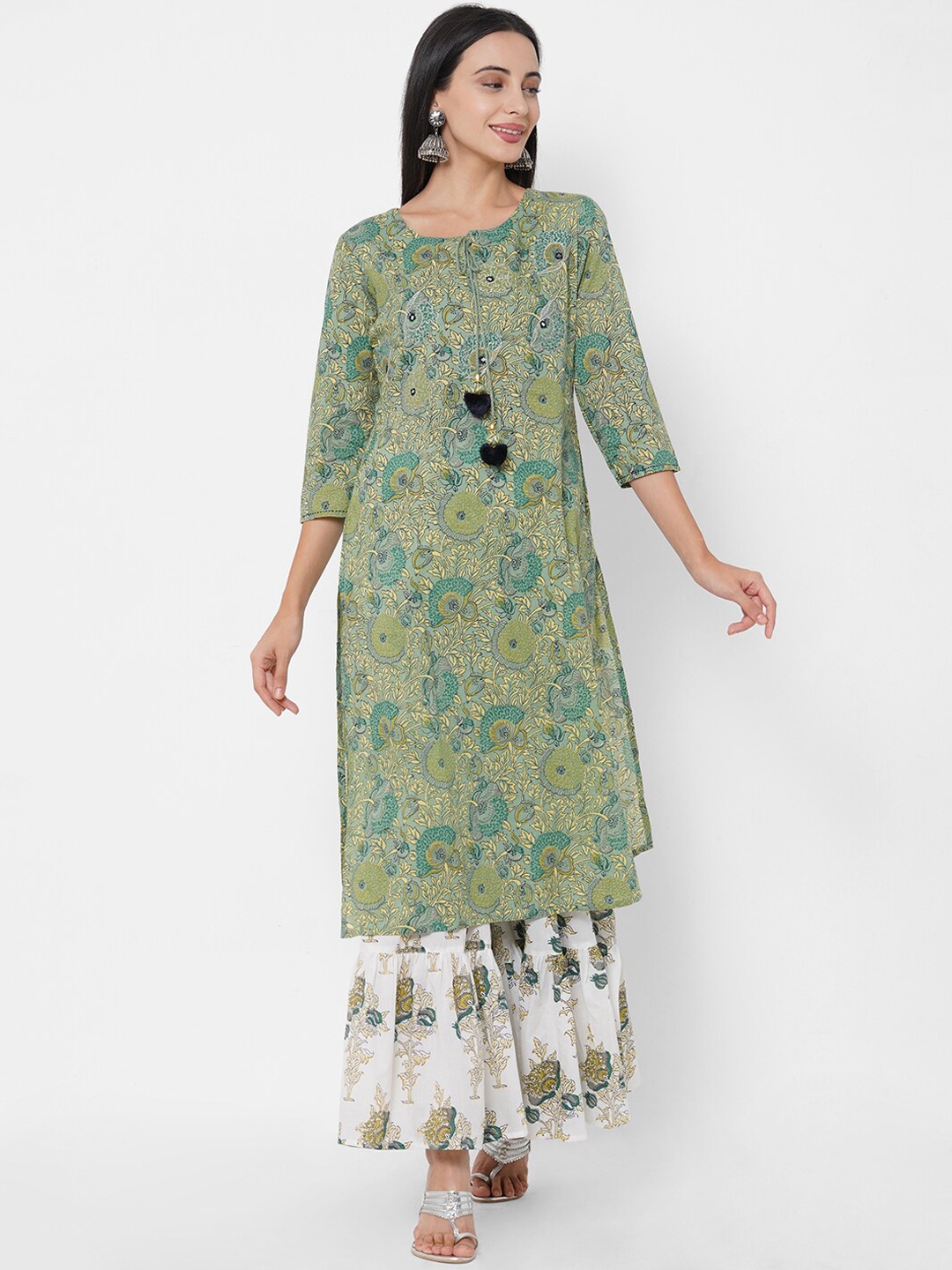 

FASHOR Women Green Ethnic Motifs Printed High Slit Pure Cotton Kurta with Palazzos