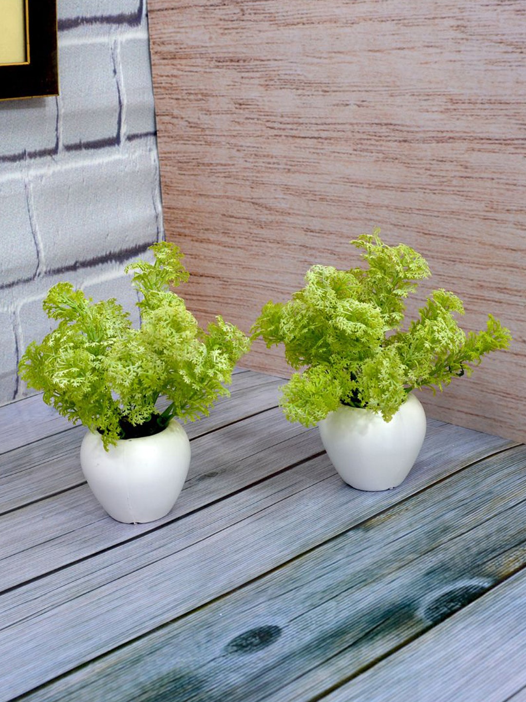 

fancy mart Set Of 2 Green & White Artificial Corriender Plant With Apple Pot