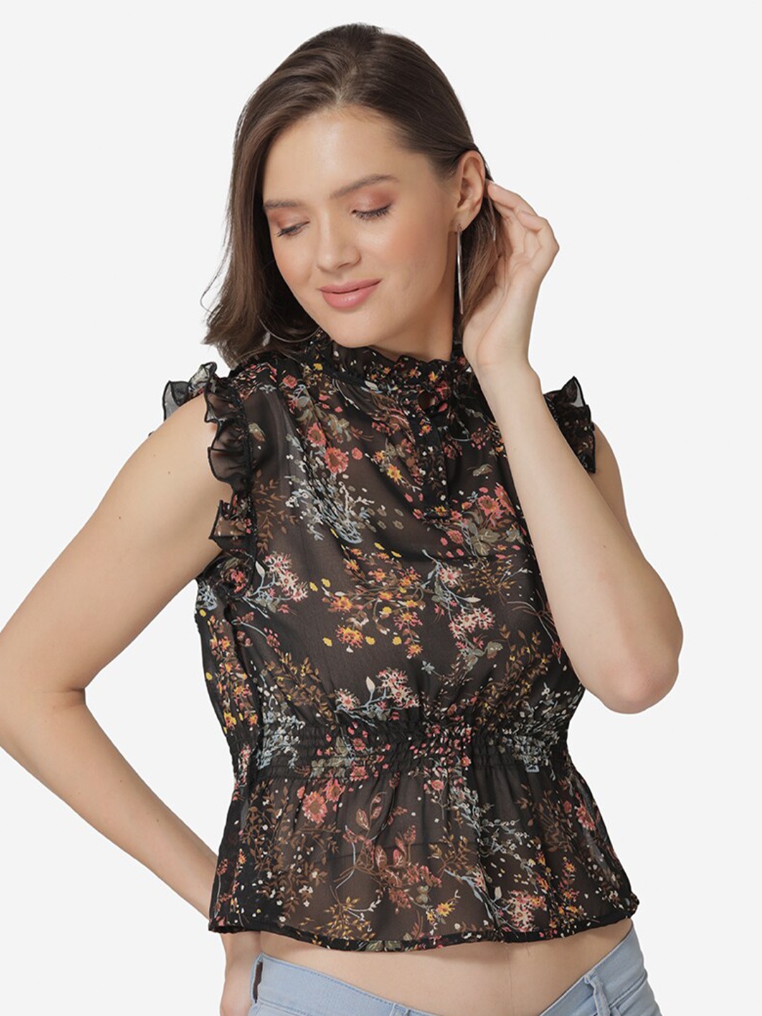 

Modriba Women Black Floral Printed Georgette Cinched Waist Crop Top
