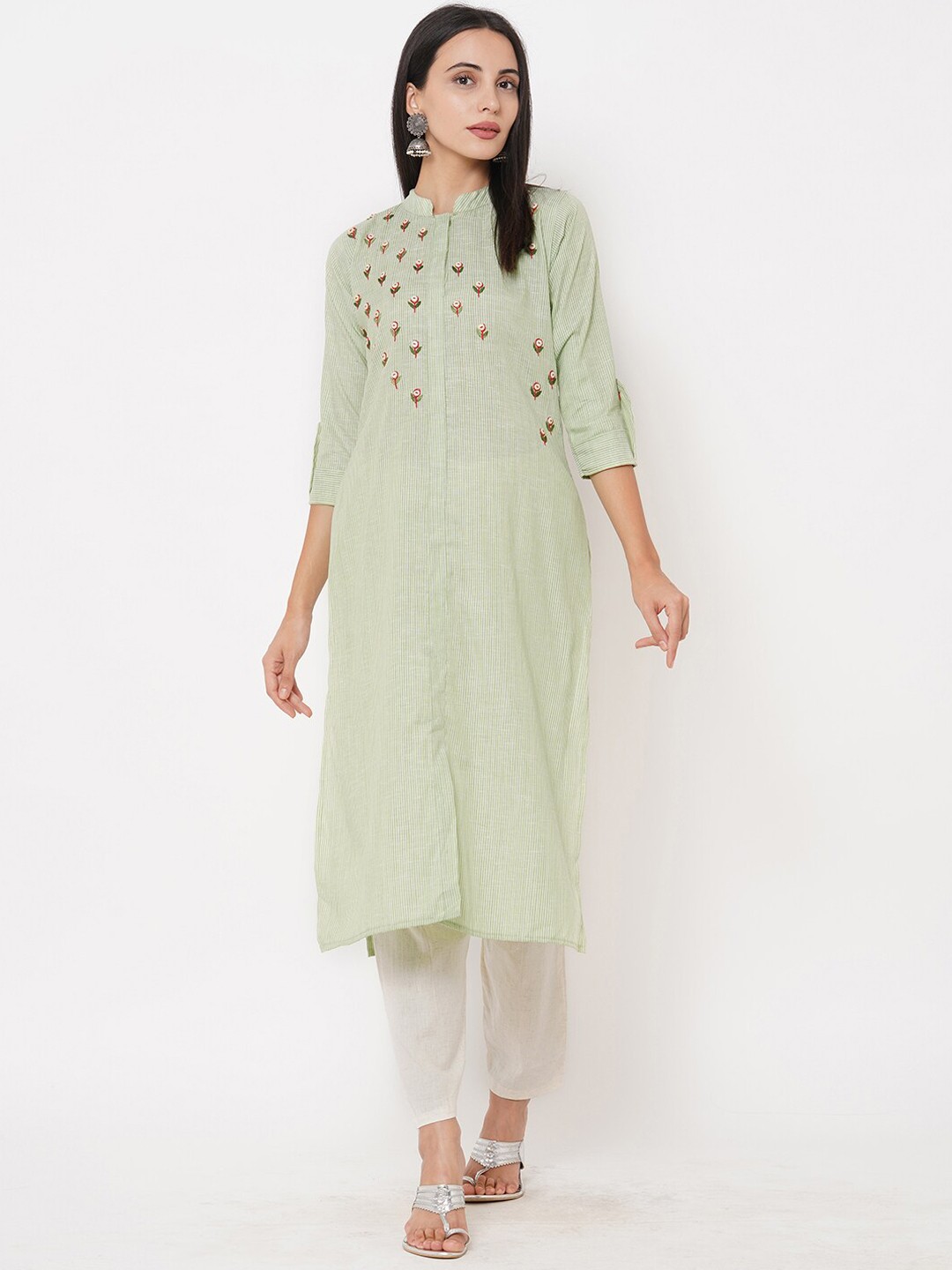

FASHOR Women Green Embroidered Kurta with Trousers