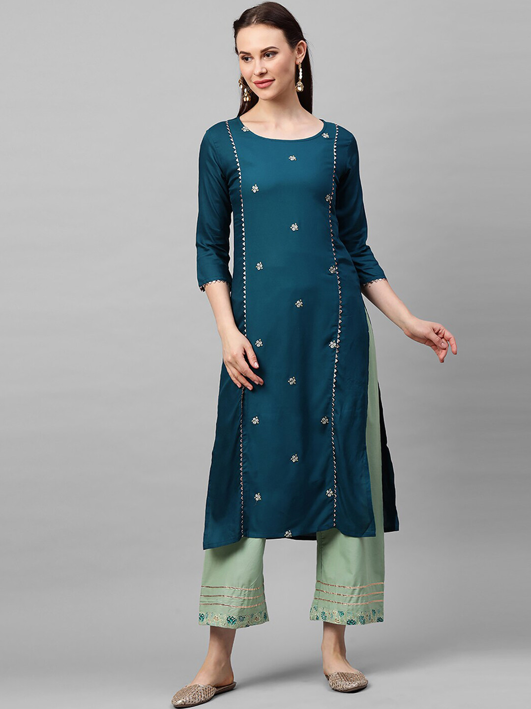 

Indo Era Women Teal Blue Embellished Straight Kurta