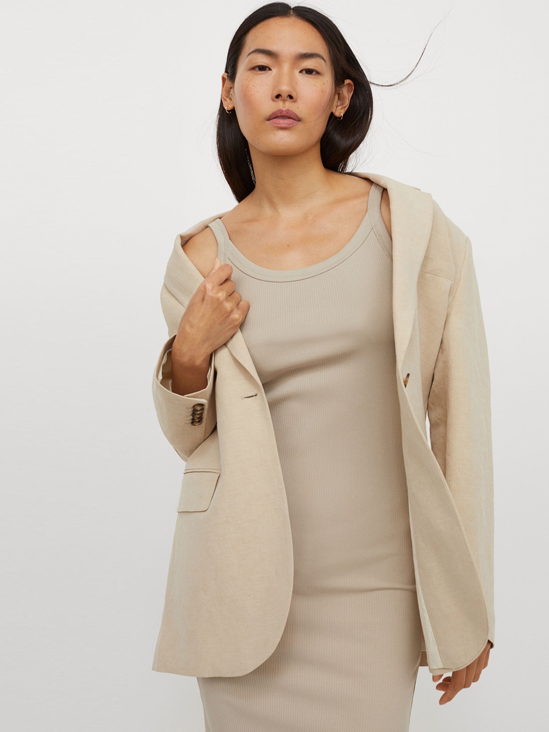 

H&M Women Beige Ribbed Jersey Dress
