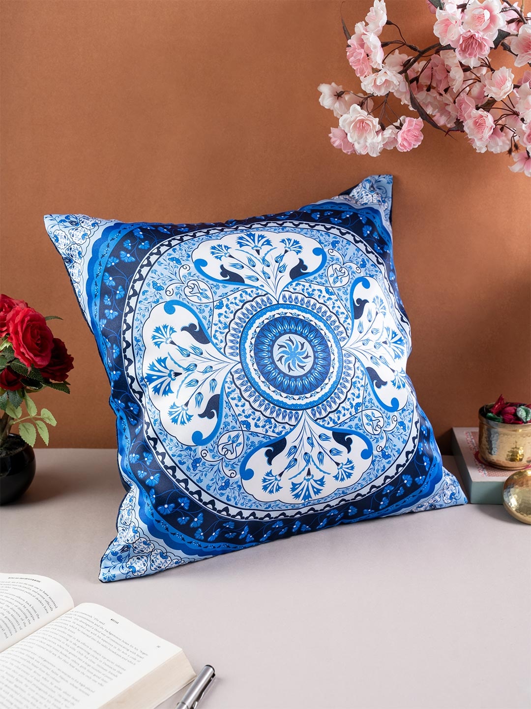 

KOLOROBIA White & Blue Ethnic Motifs Satin Square Cushion Cover
