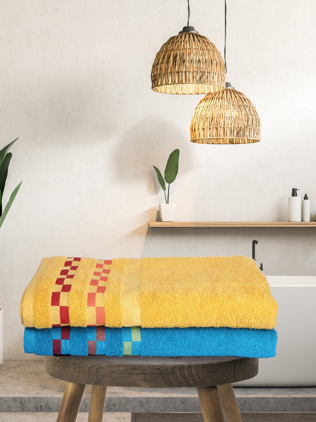 

BIANCA Set Of 2 Yellow & Blue Solid 450 GSM Pure Combed Cotton Bath Towels