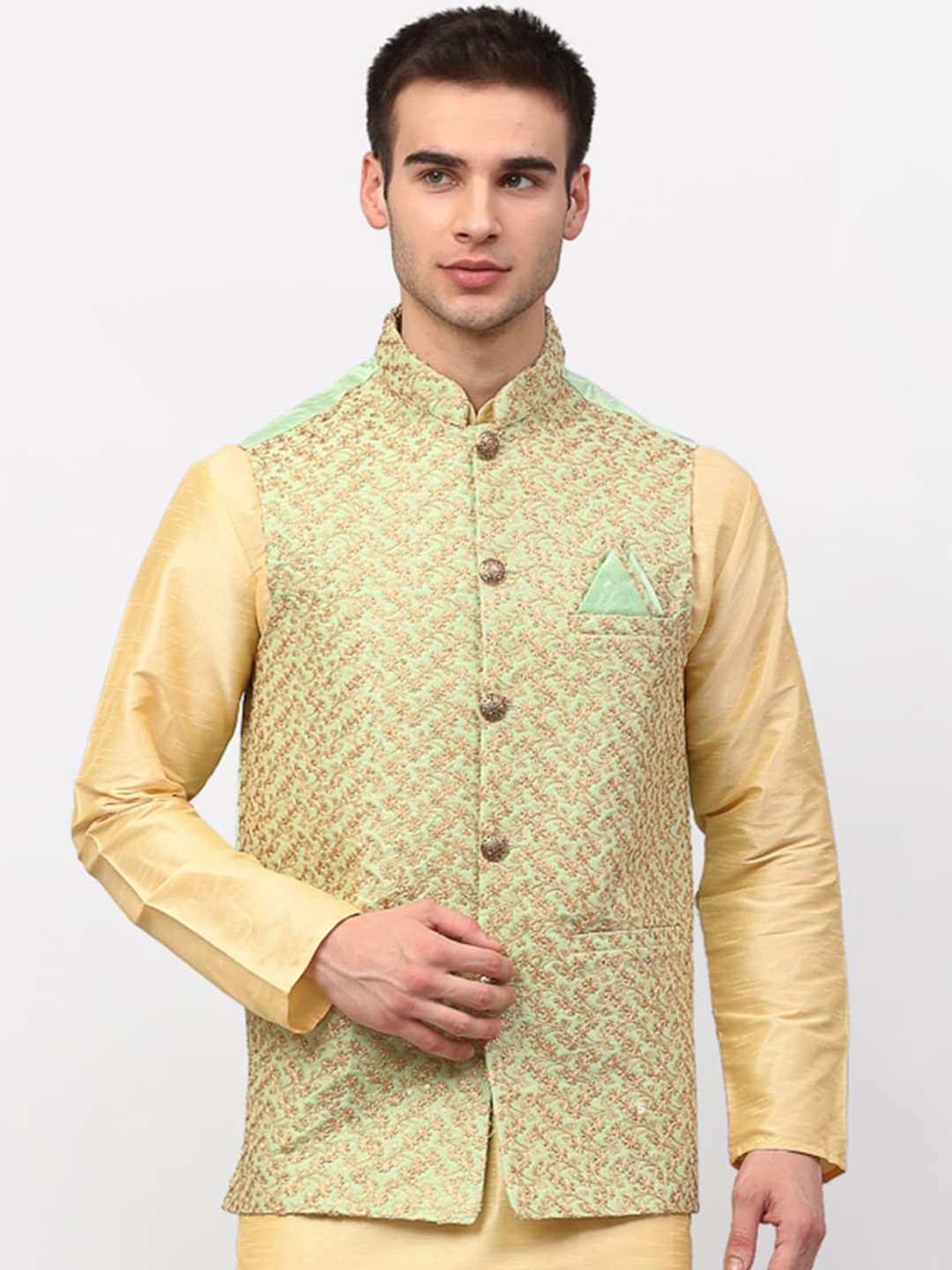 

Jompers Men Lime Green Embroidered Nehru Jacket