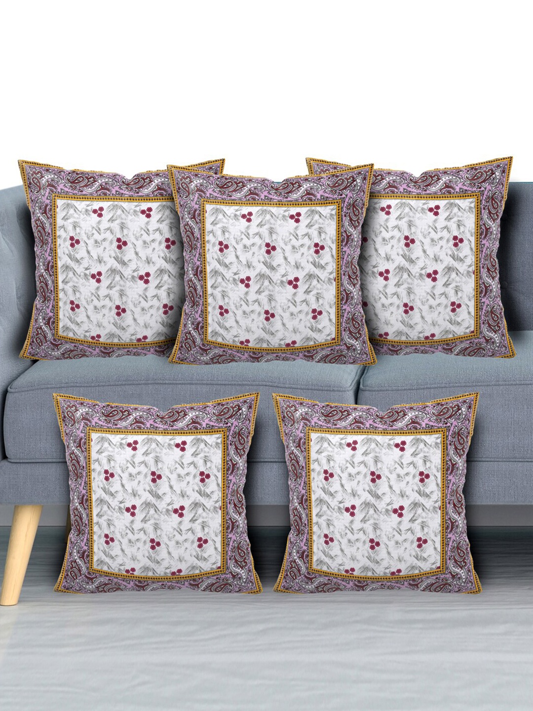 Kuber Industries Set Of 5 Pink & Grey Floral Square Cushion Covers
