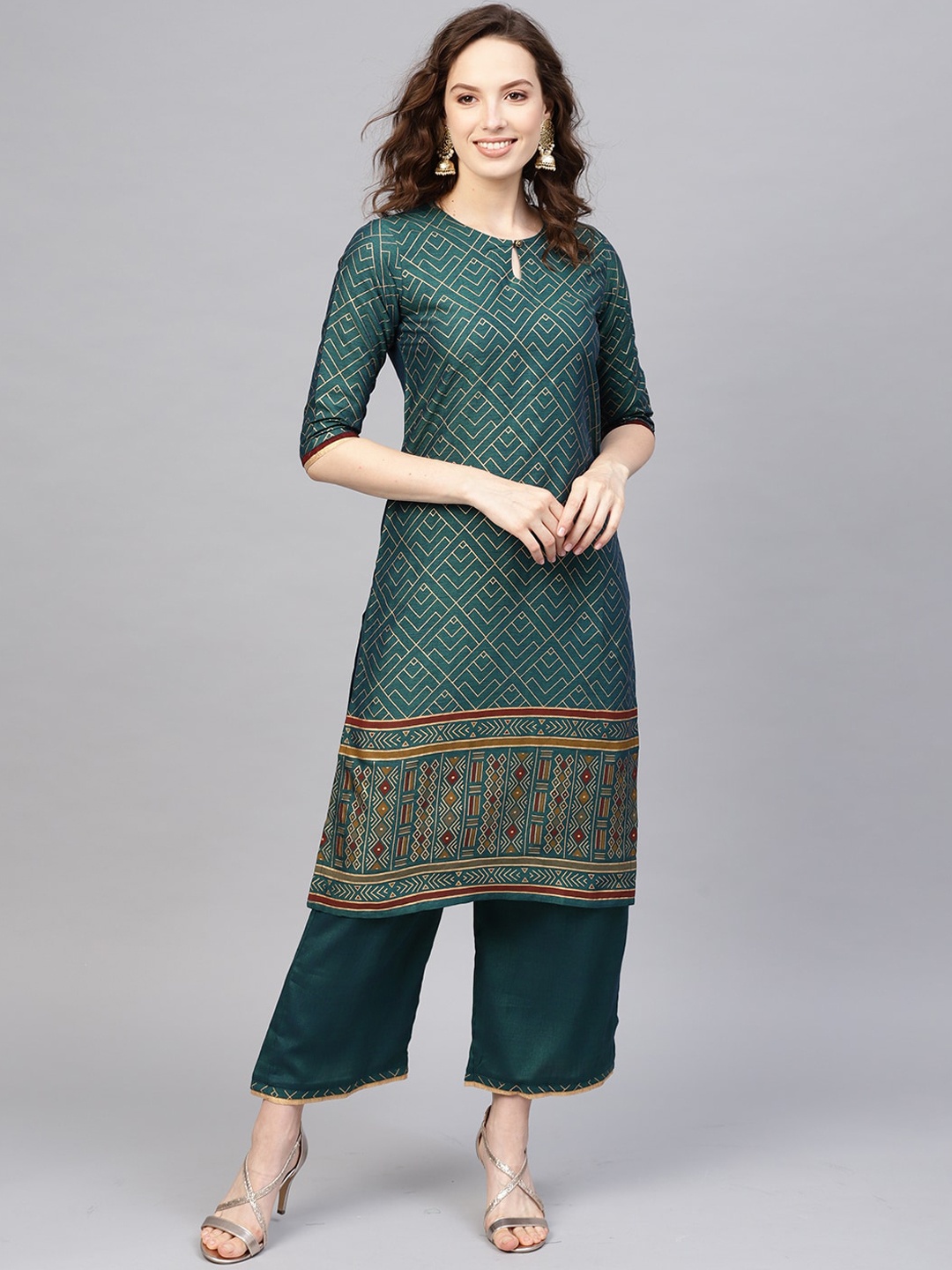 

Indo Era Women Green Printed Pure Cotton Kurti with Palazzos