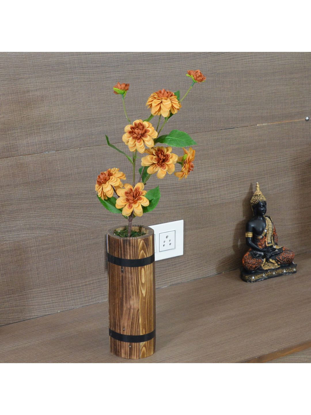 

fancy mart Yellow & Green Artificial Camellia Japonica Stick in Wood Long Pot