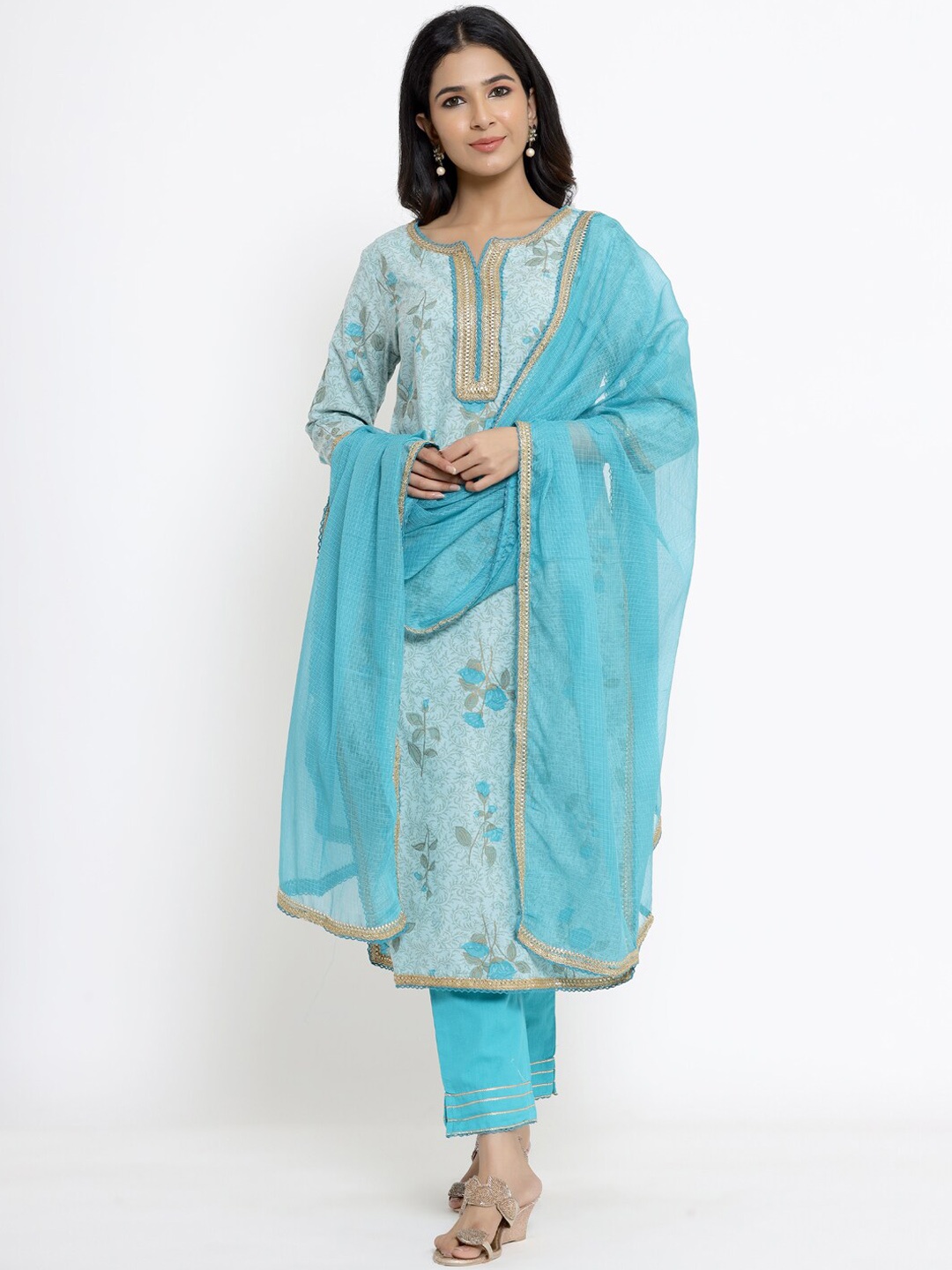 

ANAISA Women Blue Floral Printed Gotta Patti Cotton Kurta with Trousers & Dupatta