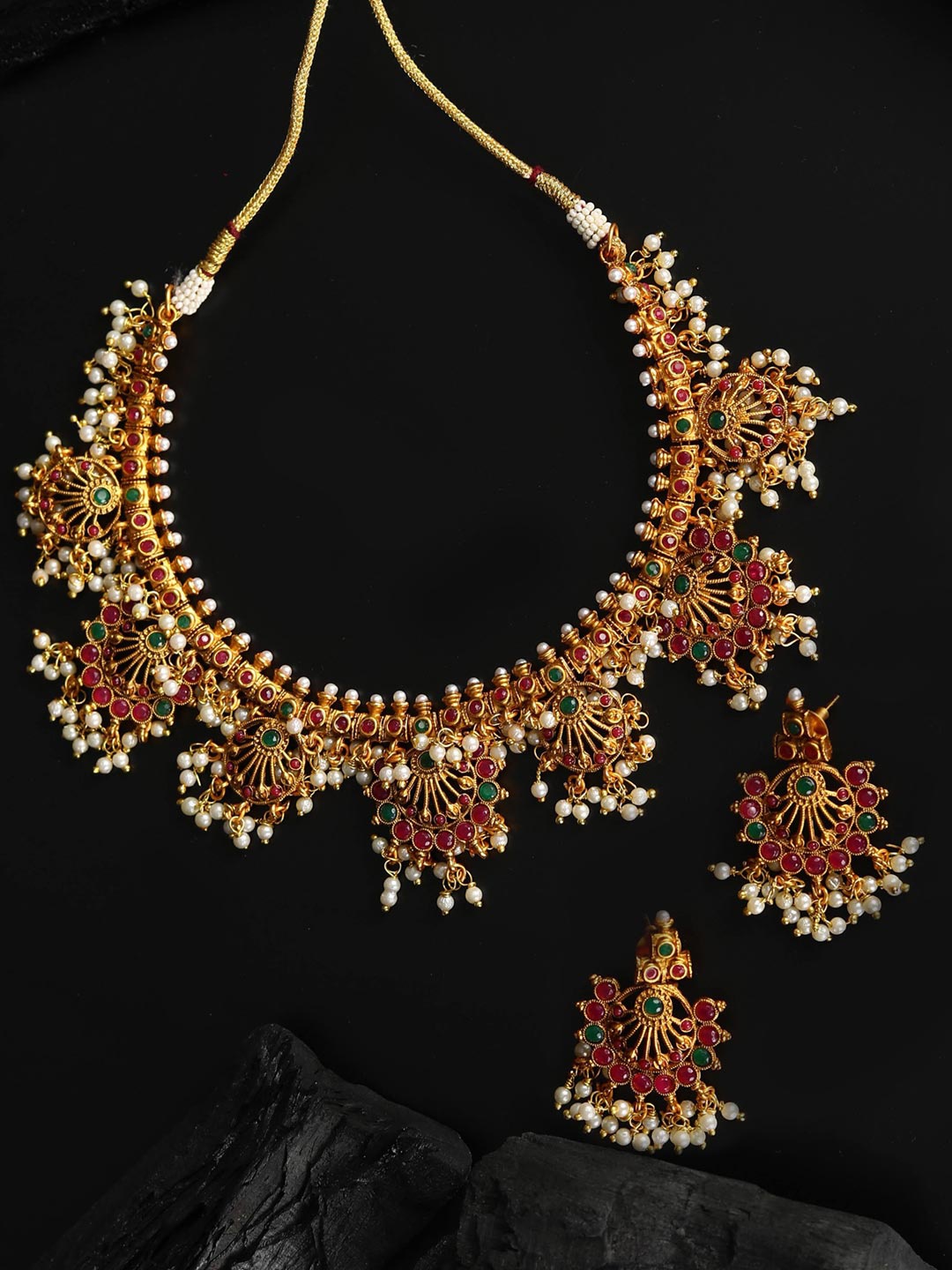 

Priyaasi Gold-Plated Red & Green Ruby-Studded Handcrafted Jewellery Set