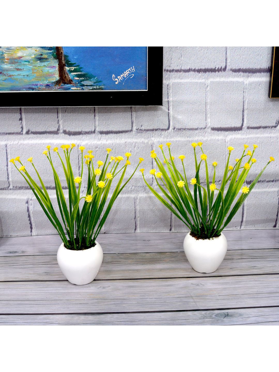 

fancy mart Set Of 2 Yellow & Green Artificial Button Flowers In Small Apple Pot