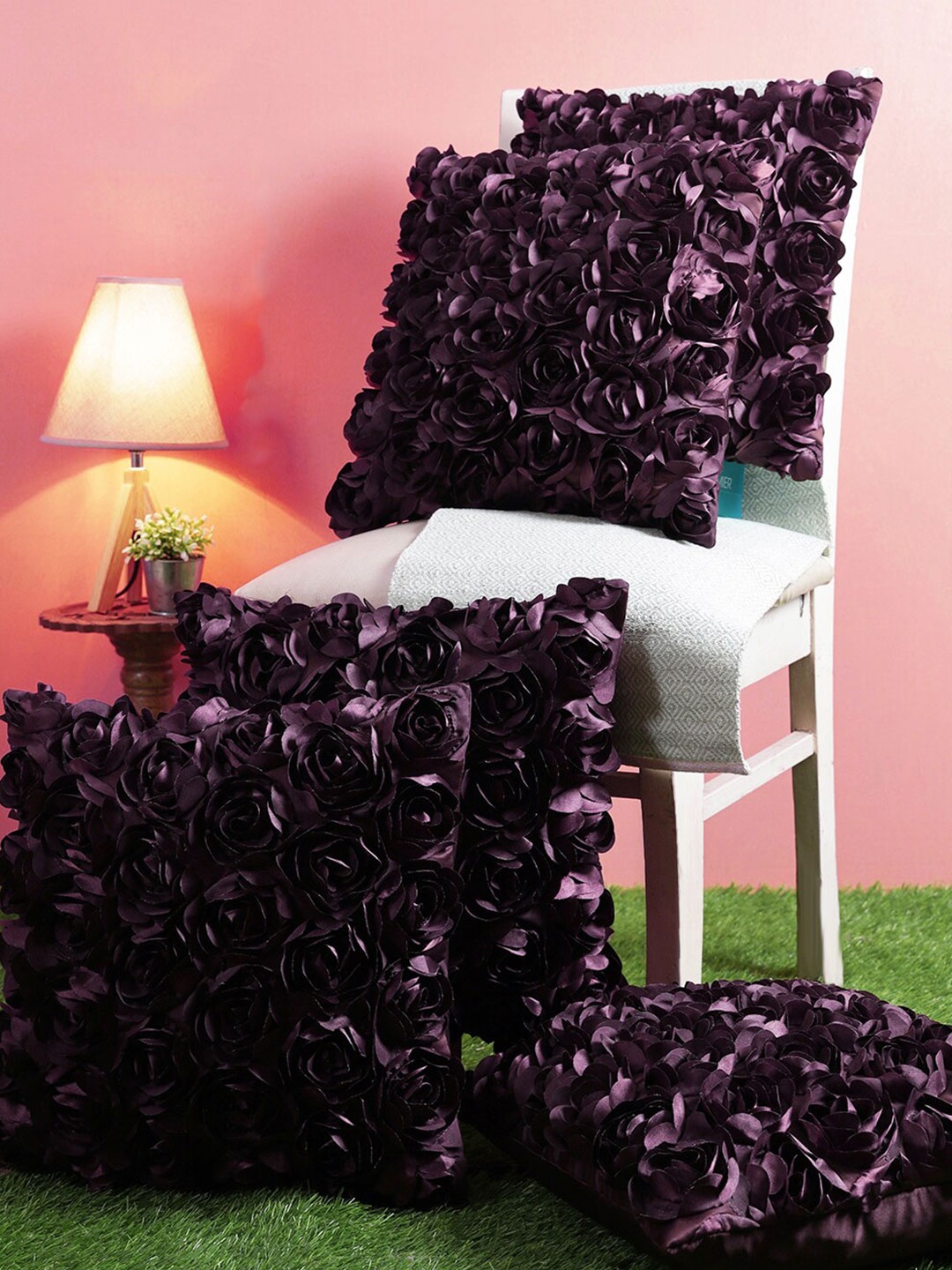 

ROMEE Set Of 5 Burgundy Floral Square Cushion Covers