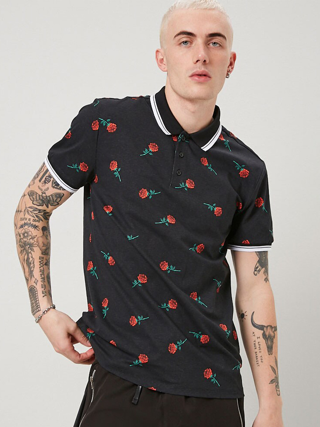 

FOREVER 21 Men Multi Floral Printed Polo Collar T-shirt