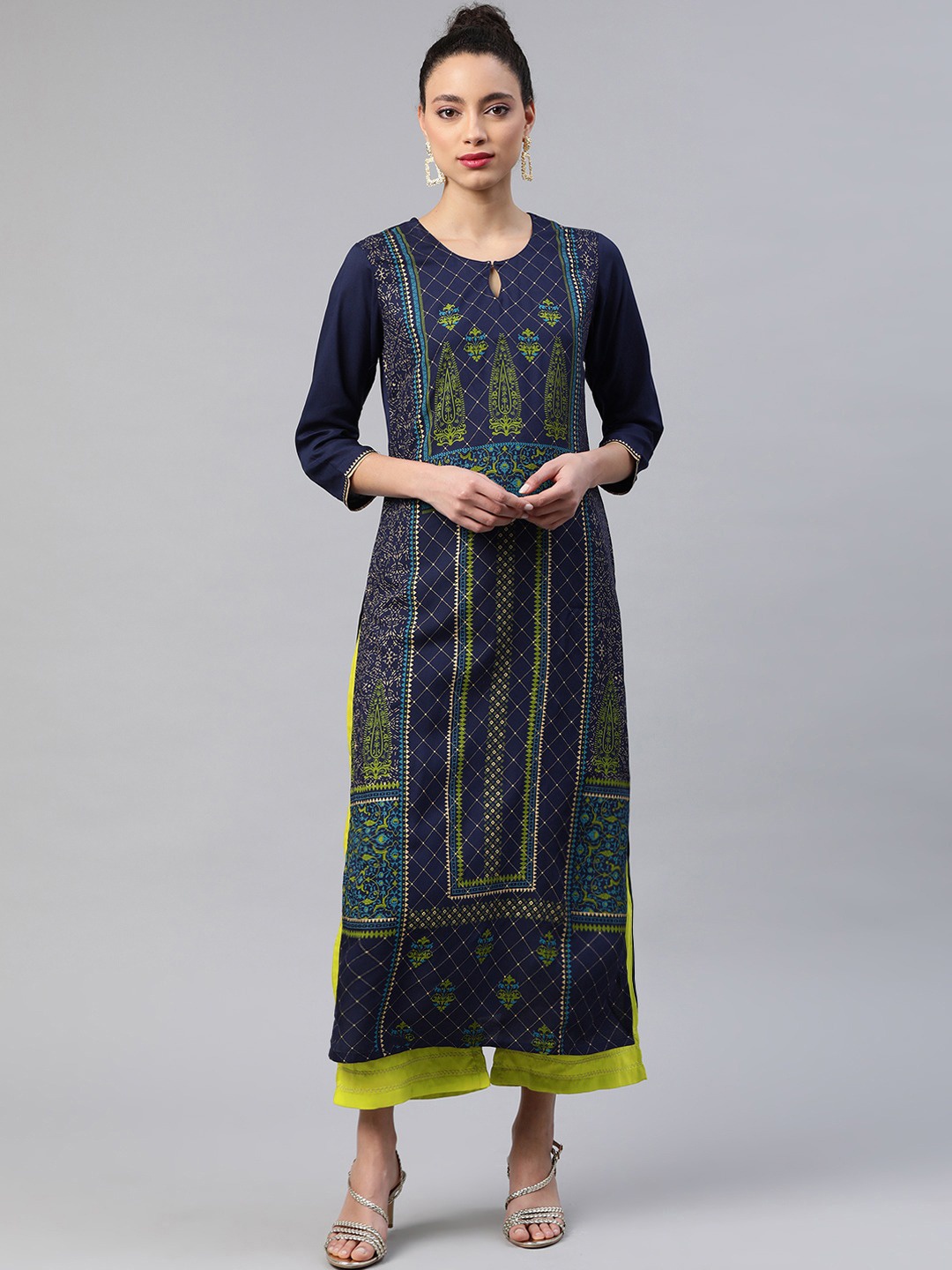

Indo Era Women Blue Ethnic Motifs Foil Printed Keyhole Neck Liva Kurta