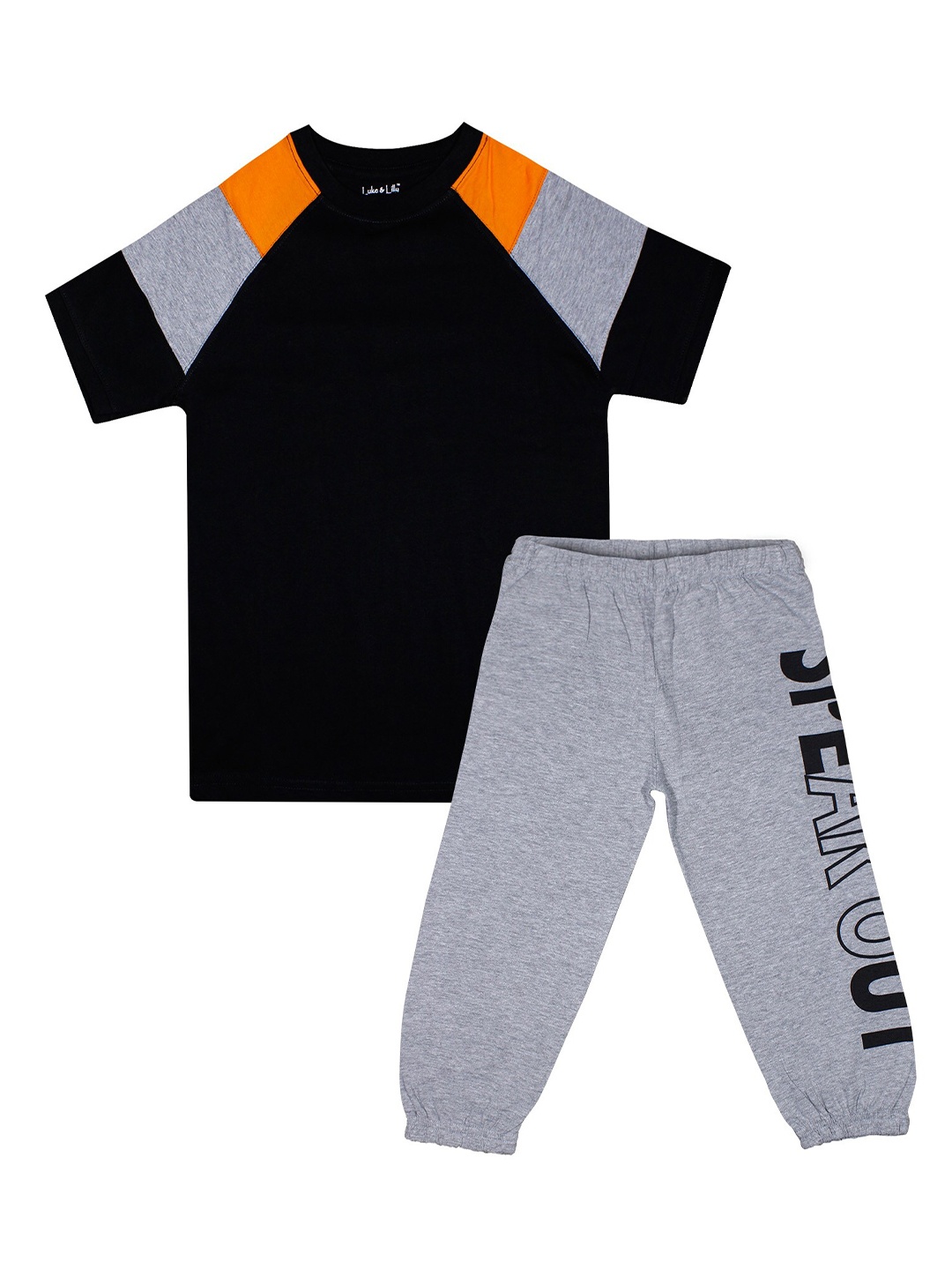

Luke & Lilly Boys Black & Grey Colourblocked Cotton T-shirt with Trackpant