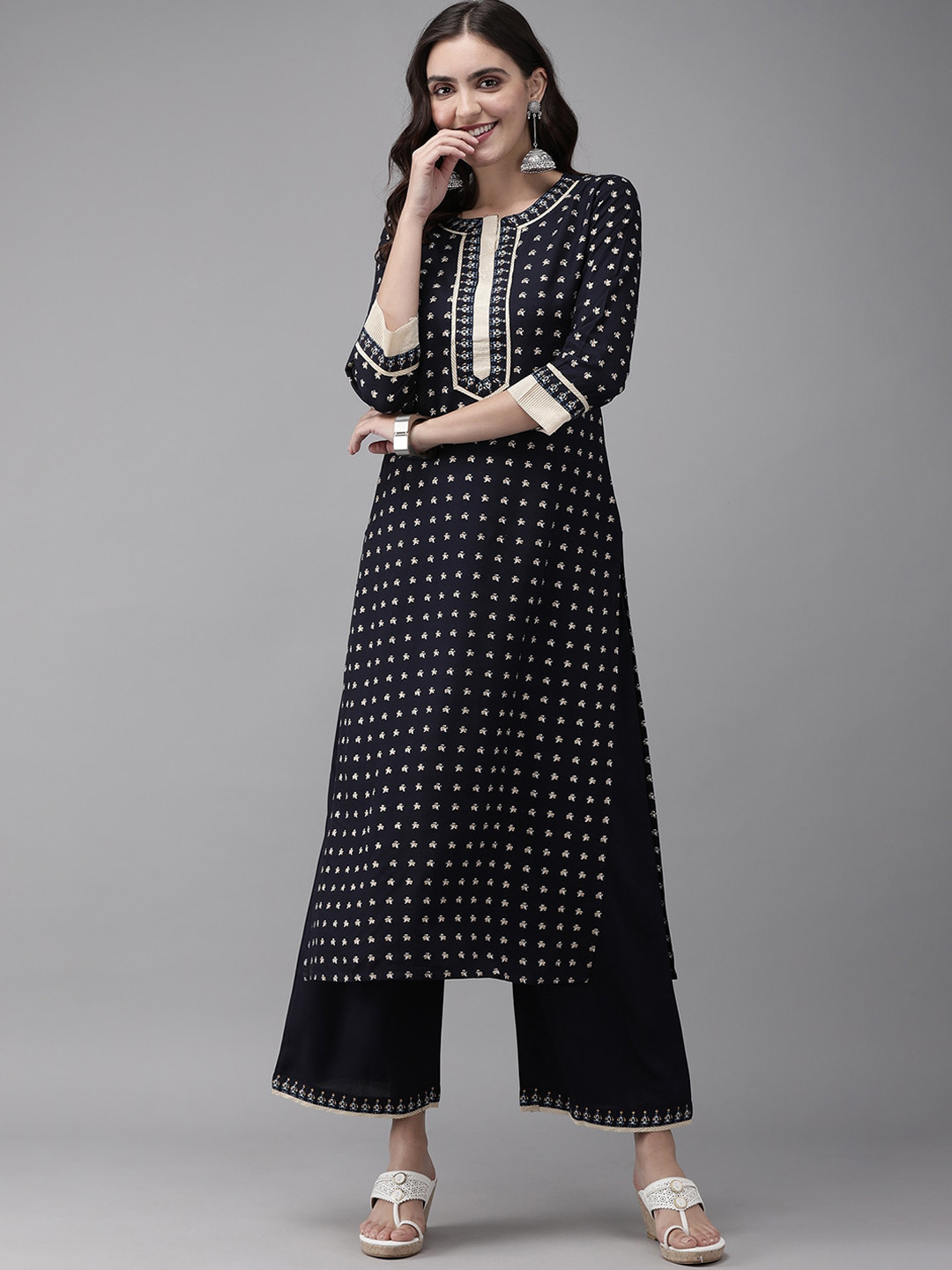 

Indo Era Women Navy Blue Ethnic Motifs Printed Liva Kurti with Palazzos