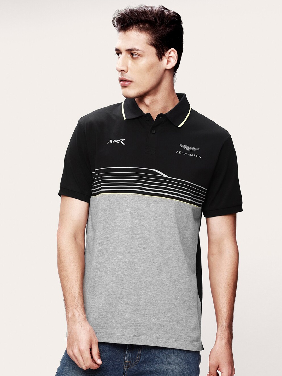 

HACKETT LONDON Men Black & Grey Colourblocked Polo Casual T-shirt