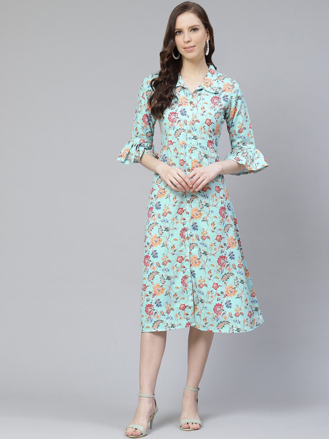ZIYAA Sea Green & Pink Floral A-Line Midi Dress