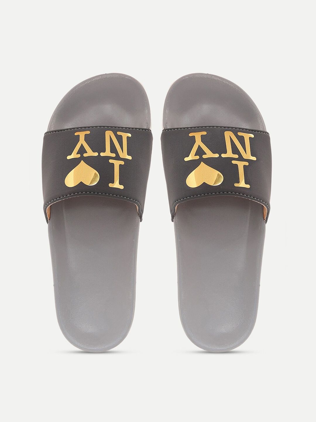 

FREECO Women Grey & Gold-Toned Printed Sliders