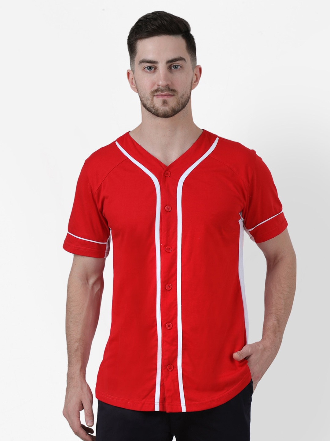 

PAUSE SPORT Men Red Striped V-Neck Slim Fit T-shirt
