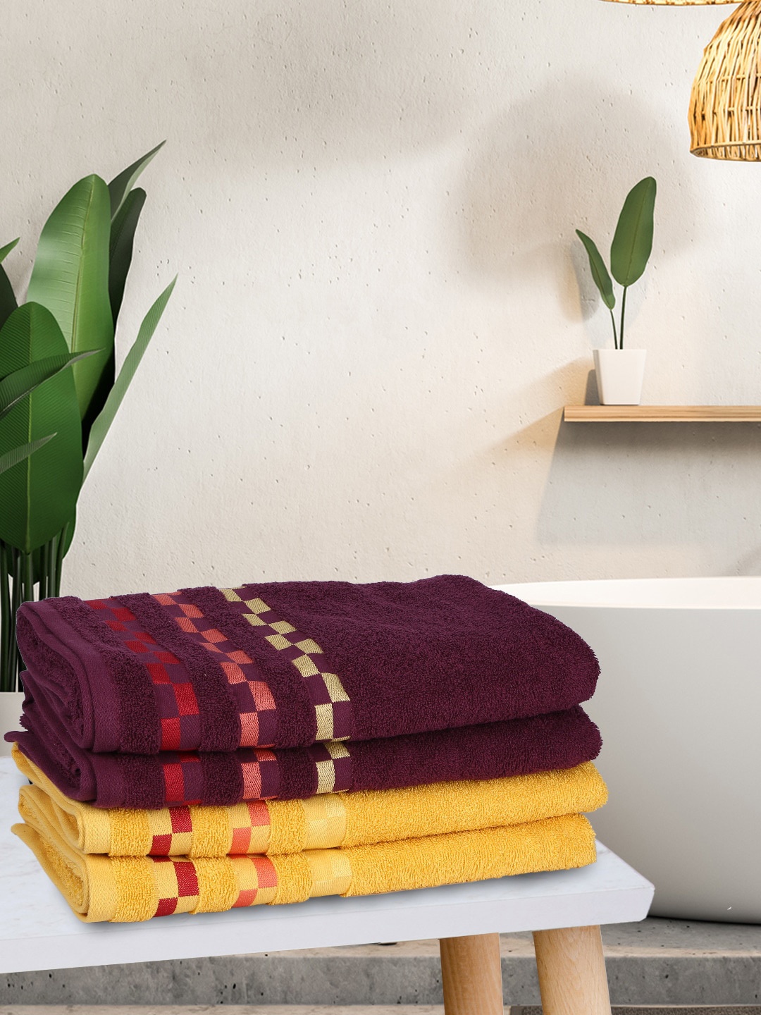 

BIANCA Set Of 4 Purple & Yellow Solid 450 GSM Pure Combed Cotton Bath Towels