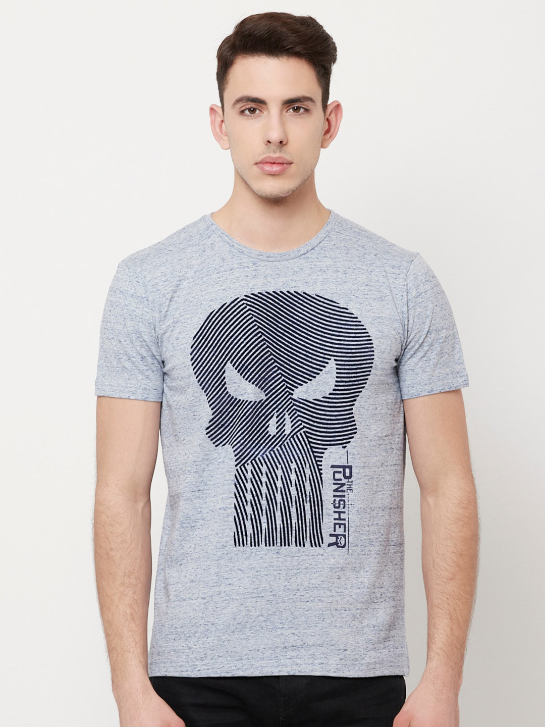 

Free Authority Men Blue Grey Punisher Printed Pure Cotton T-shirt