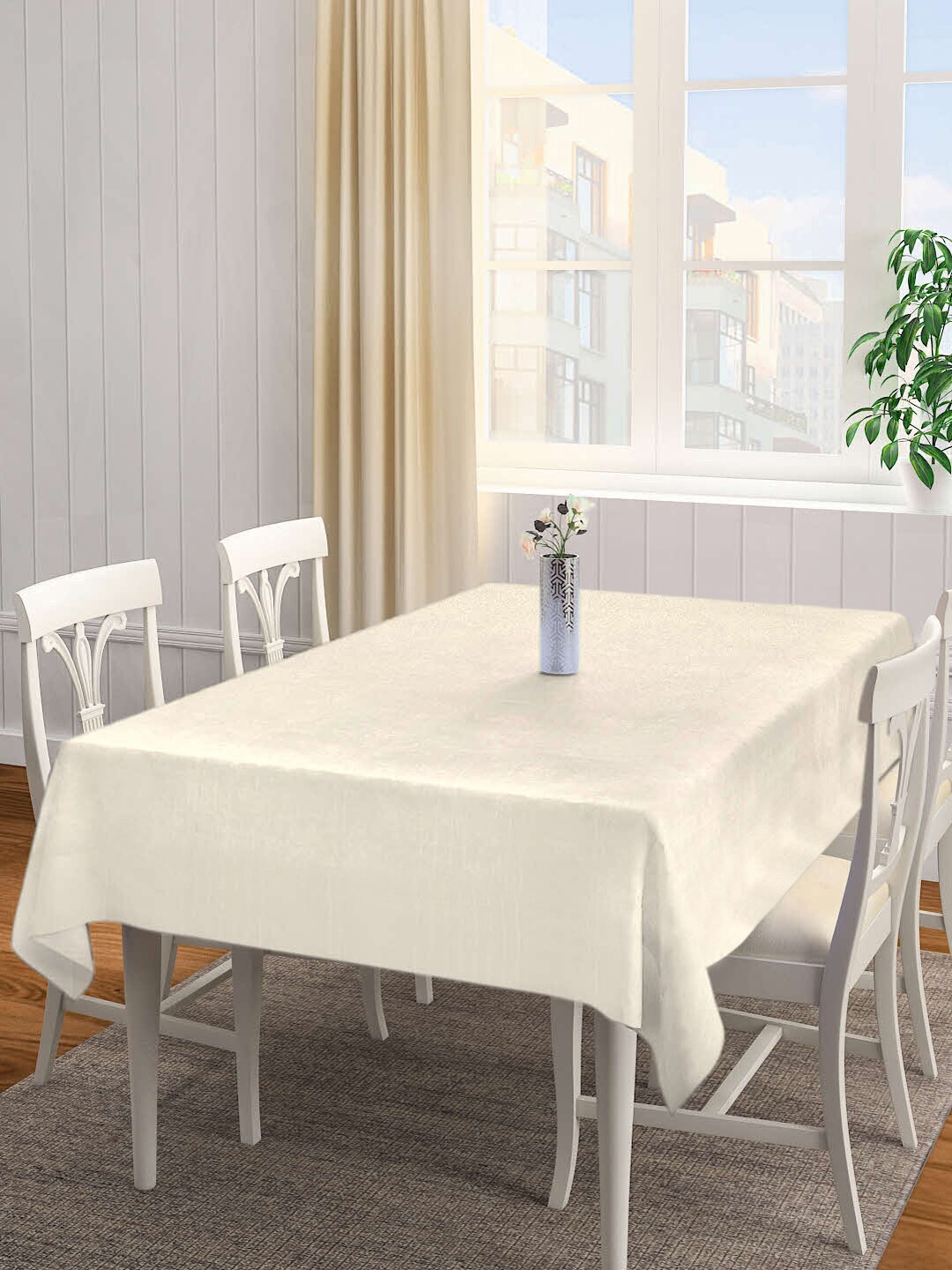 KLOTTHE Unisex Off White Woven-Design Cotton 6-Seater Rectangular Table Cover