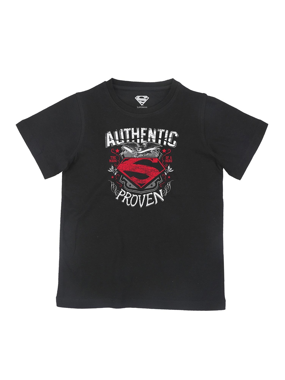 Superman Boys Black Printed Applique T-shirt