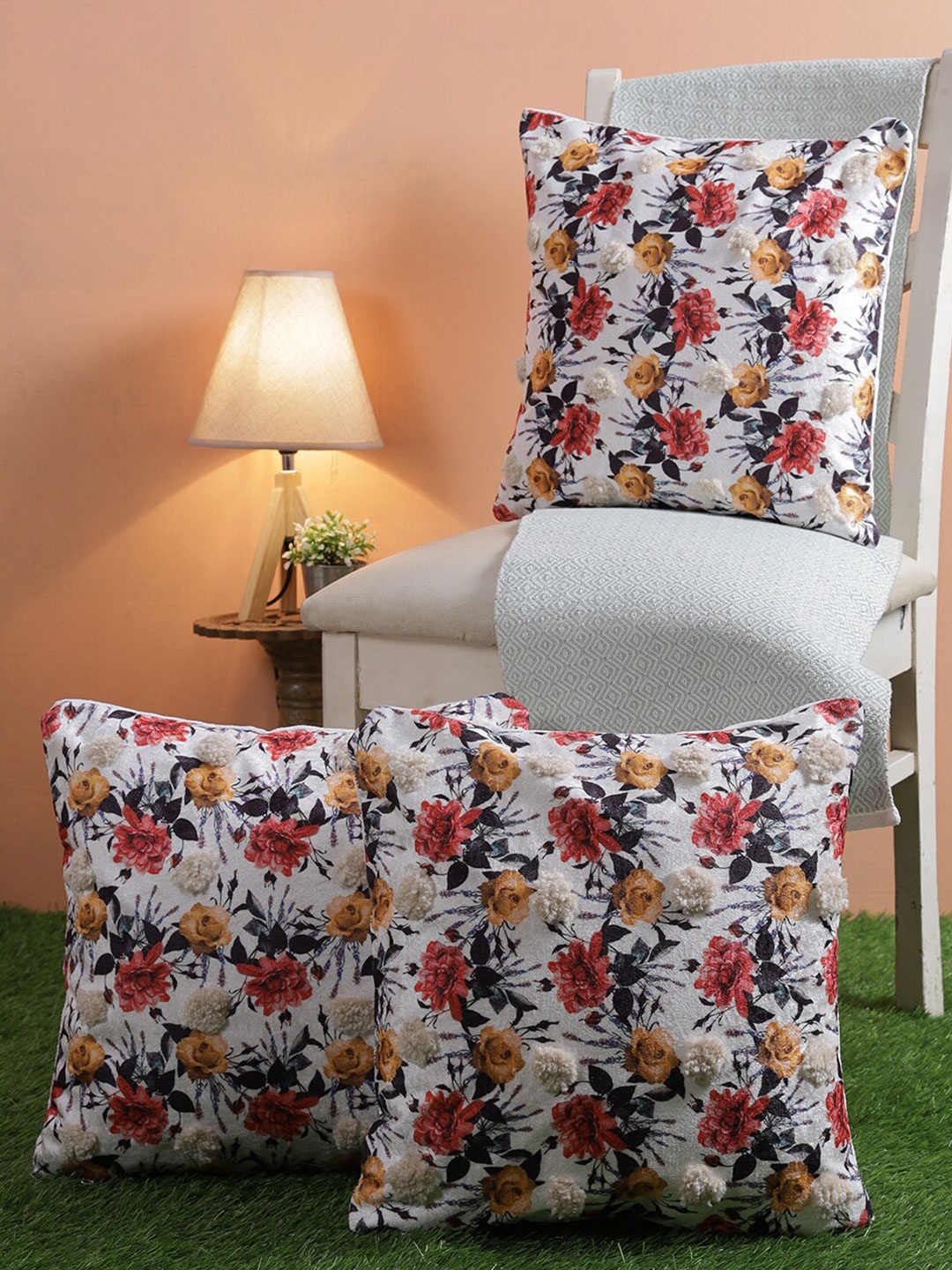 ROMEE White & Red Set of 3 Floral Square Cushion Covers